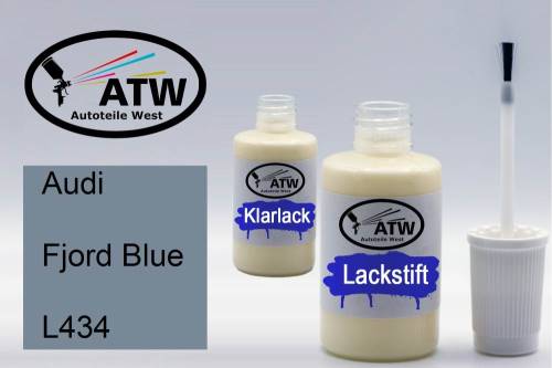 Audi, Fjord Blue, L434: 20ml Lackstift + 20ml Klarlack - Set, von ATW Autoteile West.